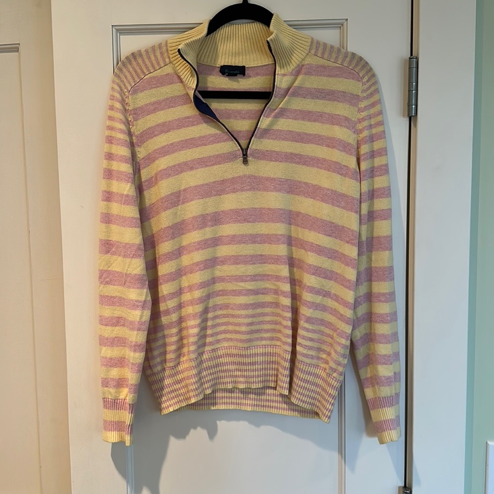 Facconable Womens Quarter Zip Sweater. Size L Stripe Yellow Pink Navy Trim